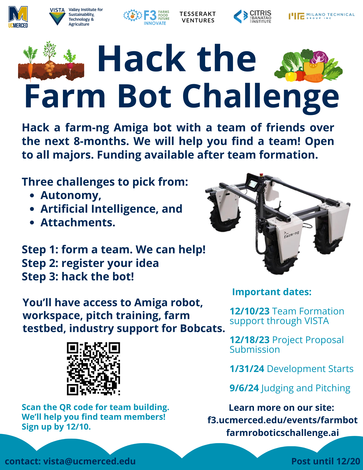 Promotional flyer for Hack the Farm Bot Challenge which involves working with a team for eight months. Contains image of farm-ng bot.