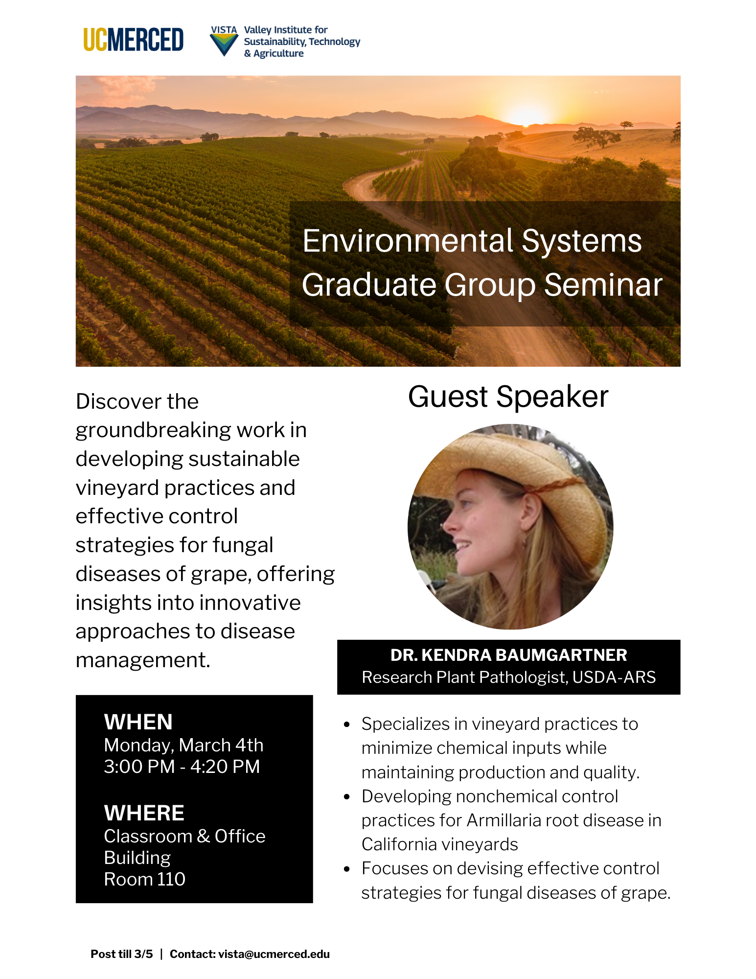 Environmental Systems Graduate Group Seminar with guest speaker Dr. Kendra Baumgartner. Happening Monday March 4th at 3:00PM - 4:20PM