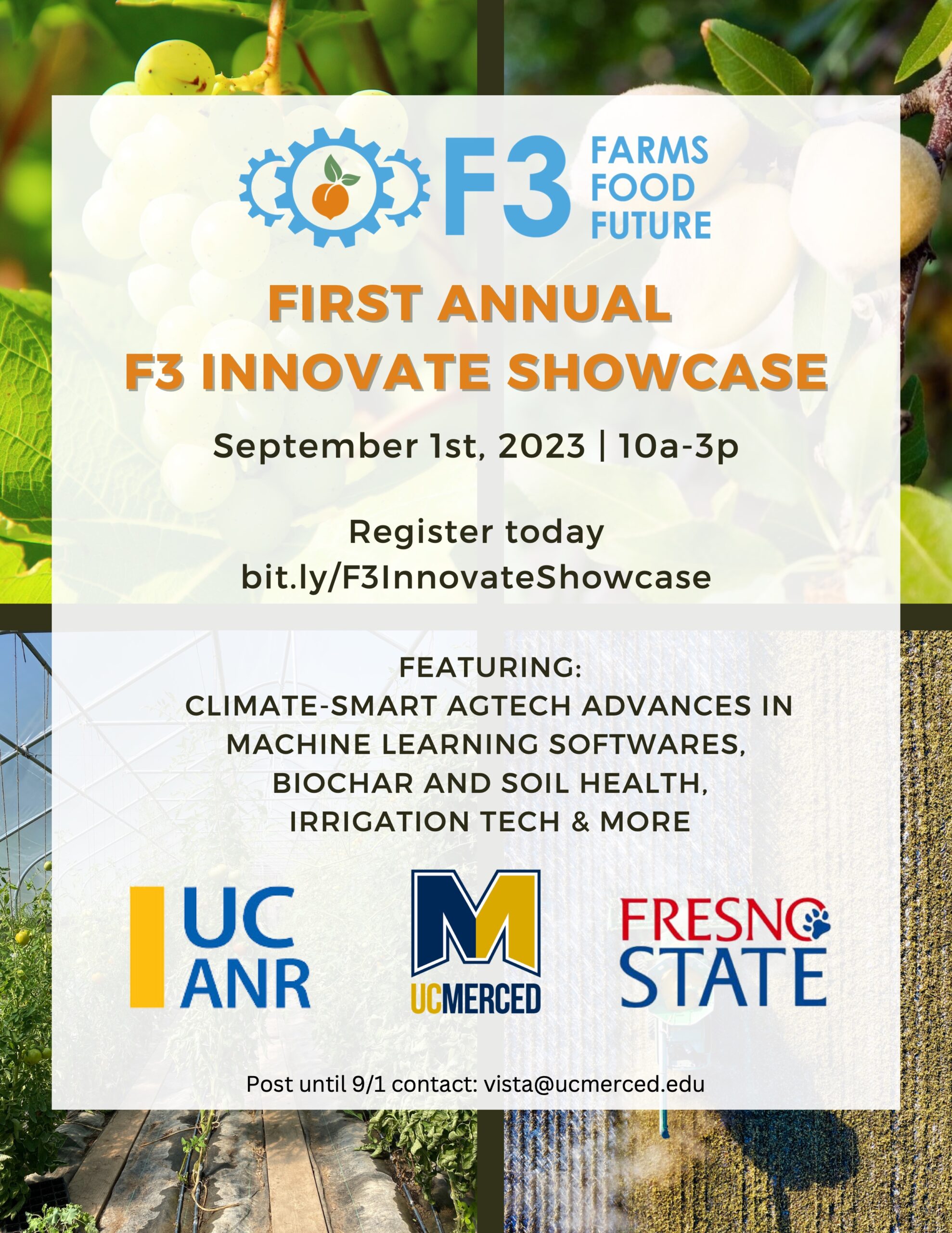 Invitation to the first annual F3 Innovate Showcase on September 1st, 2023, featuring climate-smart agtech, machine learning, soil health, and irrigation technology, with a call to register online. Hosted by F3 with UC ANR, UC Merced, and Fresno State logos displayed.