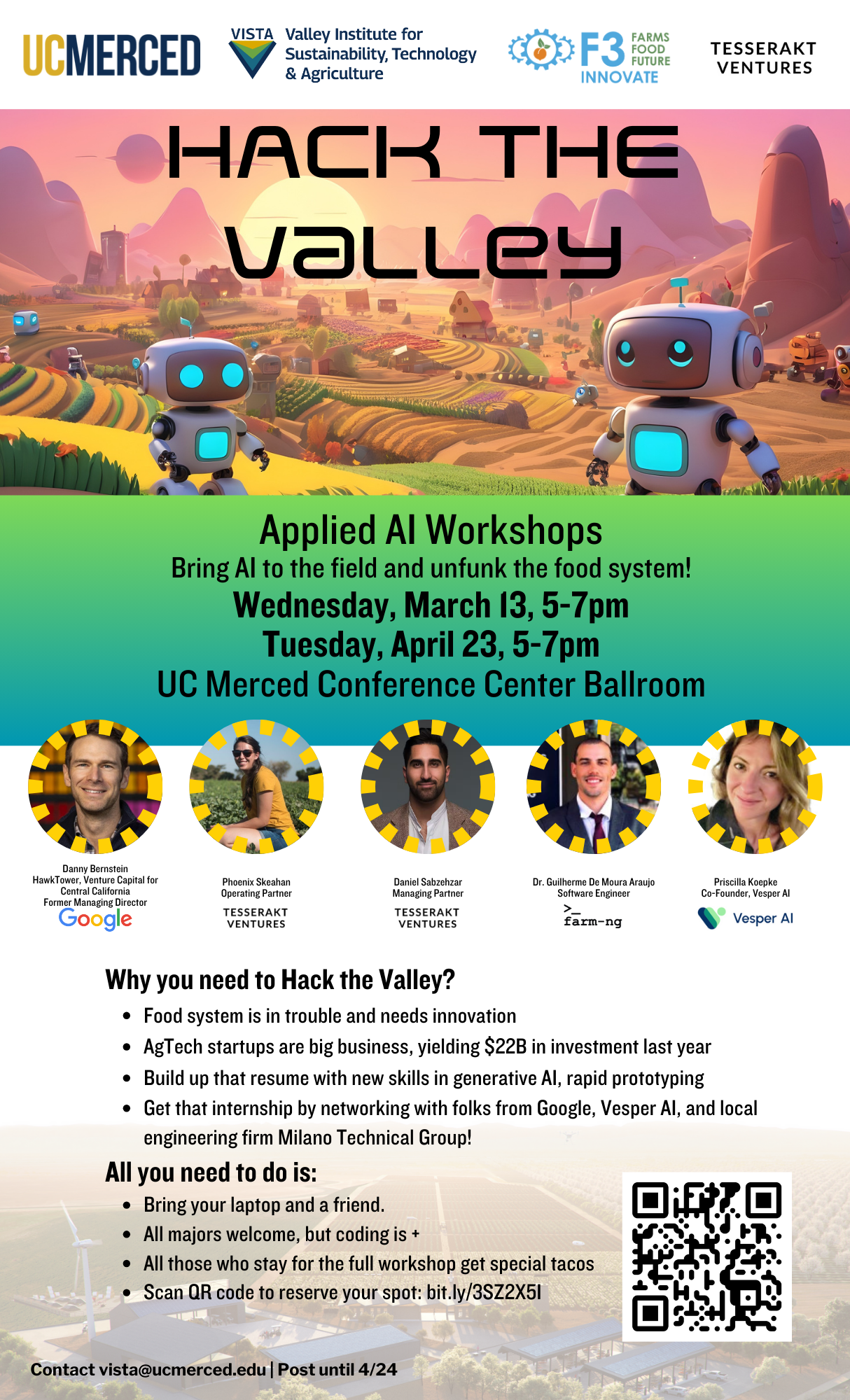 Promotional flyer for Hack the Valley Workshop focusing on bringing AI to the field and unfunking the food system.