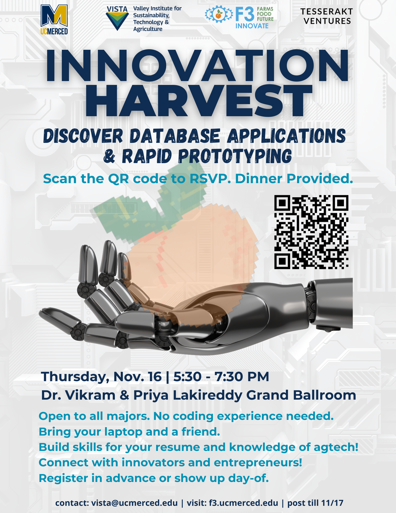 Promotional poster for "Innovation Harvest" event on database applications and rapid prototyping on Nov. 16, 5:30-7:30 PM, at UC Merced. Open to all, no coding needed, bring a laptop. RSVP via QR code, dinner included. Hosted by UC Merced, VISTA, F3, and Tesserakt Ventures.