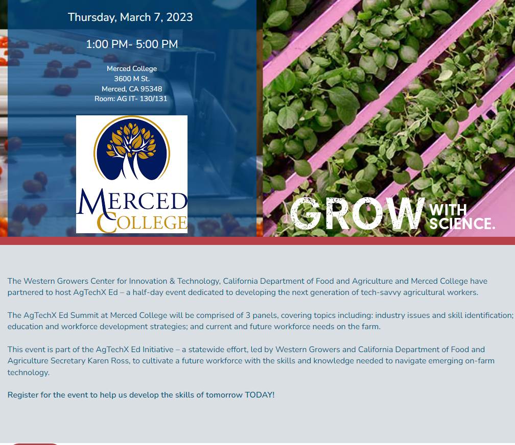 Promotional flyer for merced college's agtechx ed event focusing on the future of agriculture and technology.